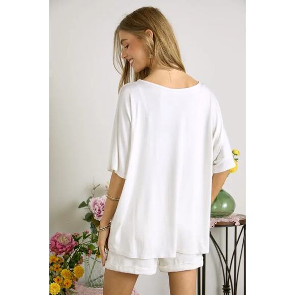 ADORA Sequin US Flag Pocket Half Sleeves Front Tie Detail Tunic Top | Off White - Picture 4 of 5